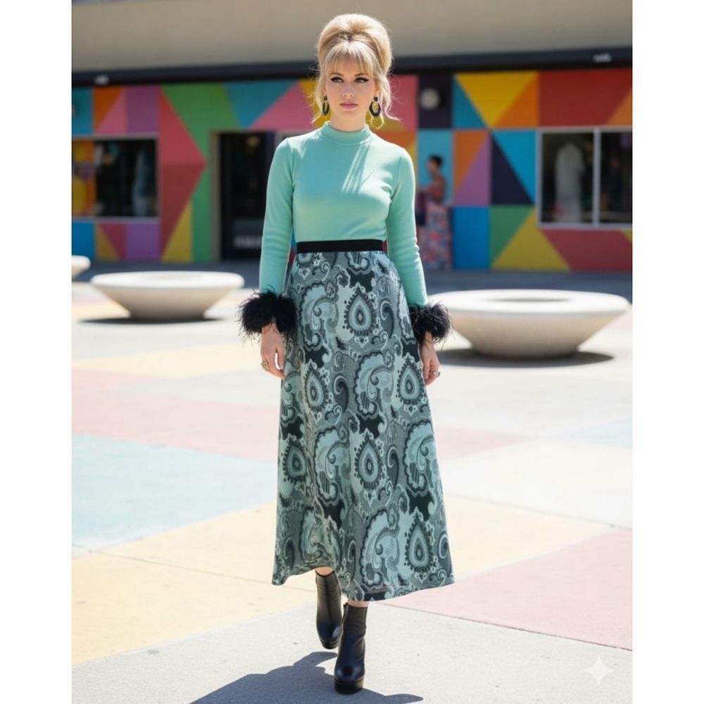 Vintage R&K Knits 1960s Mod Feather Cuff Dress